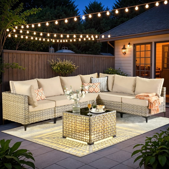 Ovios 7 Pieces Outdoor Patio Furniture Wicker Conversation Sectional with Solar Lamps Coffee Table for Backyard