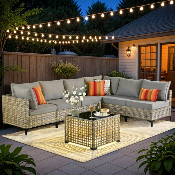 Ovios 7 Pieces Outdoor Patio Furniture Wicker Conversation Sectional with Solar Lamps Coffee Table for Backyard