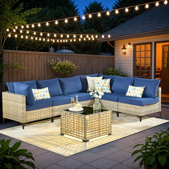 Ovios 7 Pieces Outdoor Patio Furniture Wicker Conversation Sectional with Solar Lamps Coffee Table for Backyard
