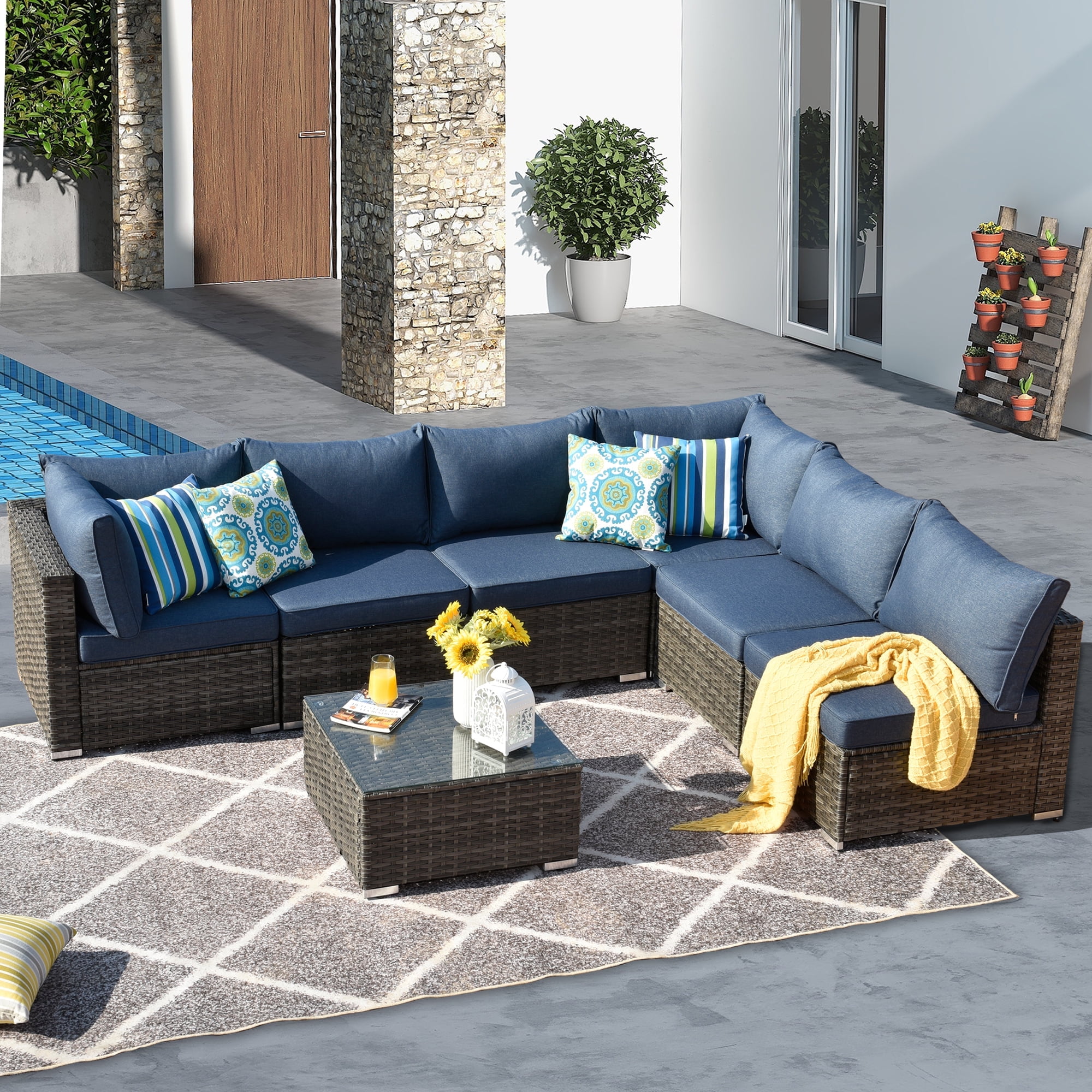 Ovios 7 Pieces Outdoor Patio Furniture Wicker Sectional Couch All
