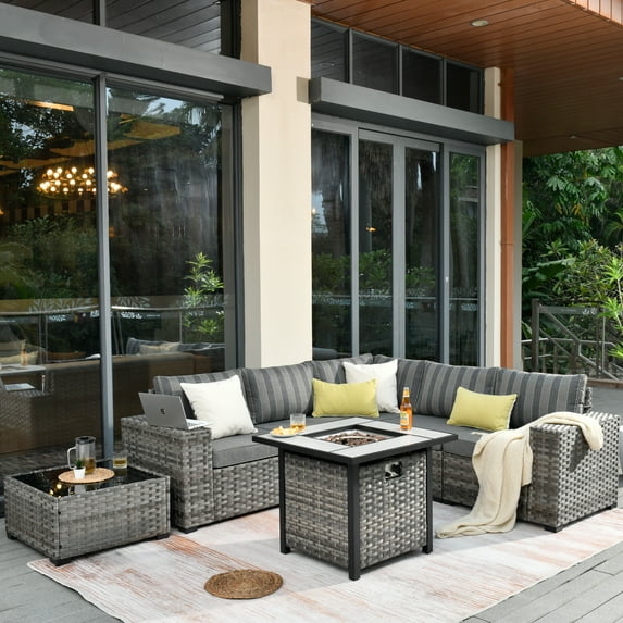 Ovios 7 Pieces Outdoor Patio Furniture with 30 inch Fire Pit Table All Weather Wicker Sectional Set for Porch