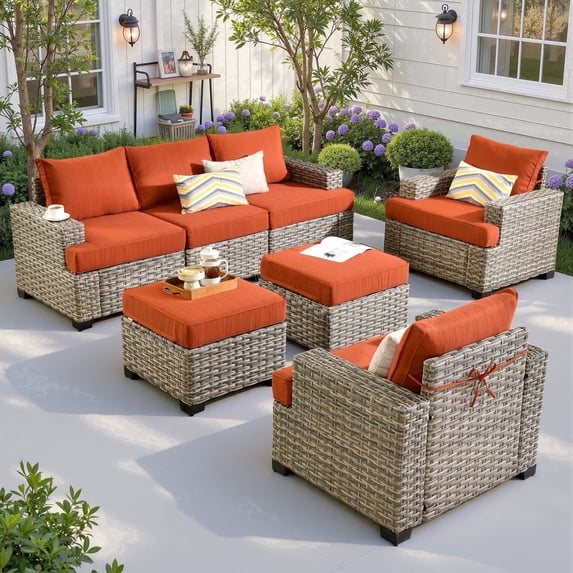 Ovios 7 Pieces Outdoor Patio Furniture Set All-Weather Rattan Wicker Sectional Sofa and Chairs with Ottomans, Orange Red