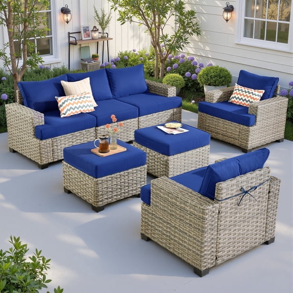Ovios 7 Pieces Outdoor Patio Furniture Set All-Weather Rattan Wicker Sectional Sofa and Chairs with Ottomans, Navy Blue