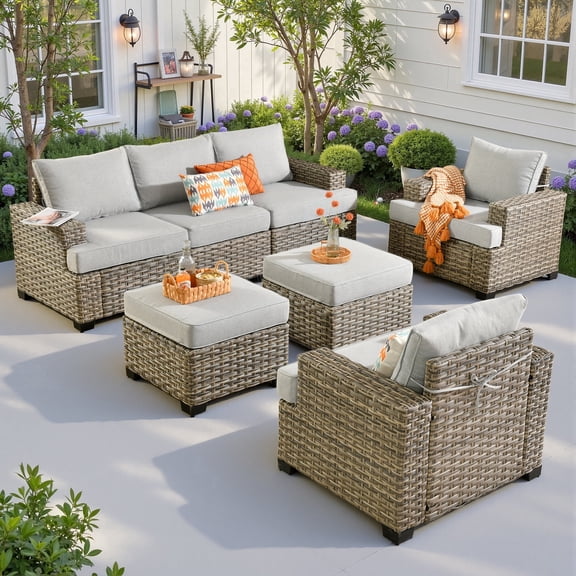 Ovios 7 Pieces Outdoor Patio Furniture Set All-Weather Rattan Wicker Sectional Sofa and Chairs with Ottomans, Gray
