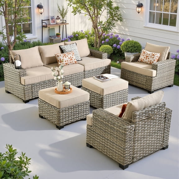 Ovios 7 Pieces Outdoor Patio Furniture Set All-Weather Rattan Wicker Sectional Sofa and Chairs with Ottomans, Beige