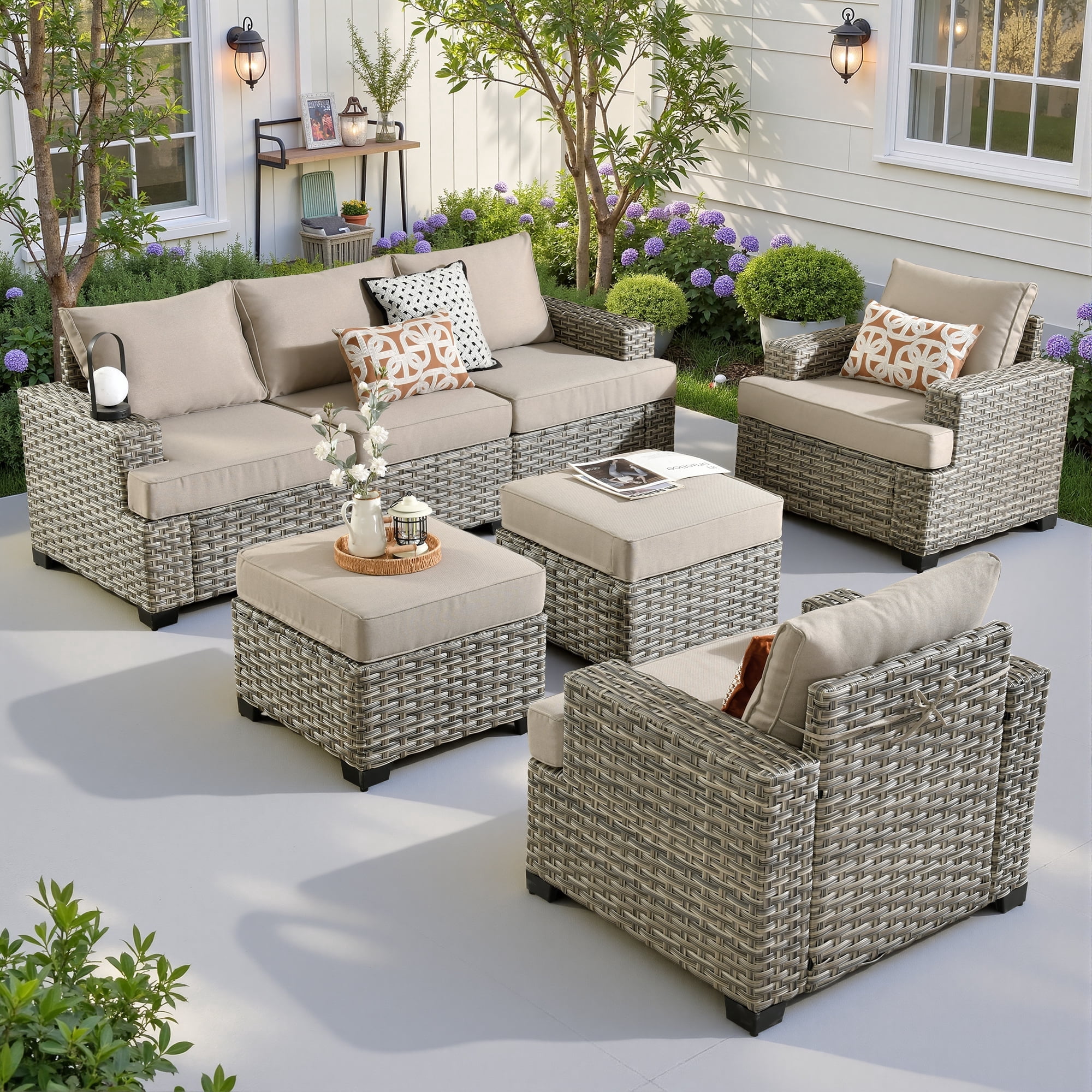 Ovios 7 Pieces Outdoor Patio Furniture Set All-Weather Rattan Wicker Sectional Sofa and Chairs with Ottomans, Beige