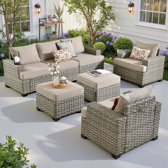 Ovios 7 Pieces Outdoor Patio Furniture Set All-Weather Rattan Wicker Sectional Sofa and Chairs with Ottomans, Beige