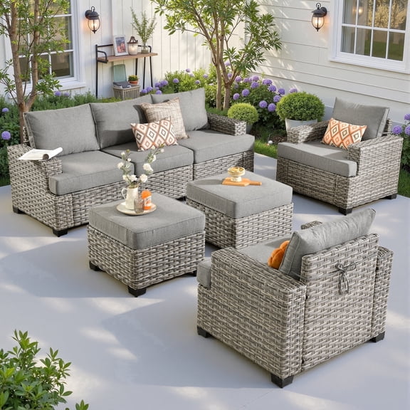 Ovios 7 Pieces Outdoor Patio Furniture Set All-Weather Rattan Wicker Sectional Sofa and Chairs with Ottomans, Dark Gray