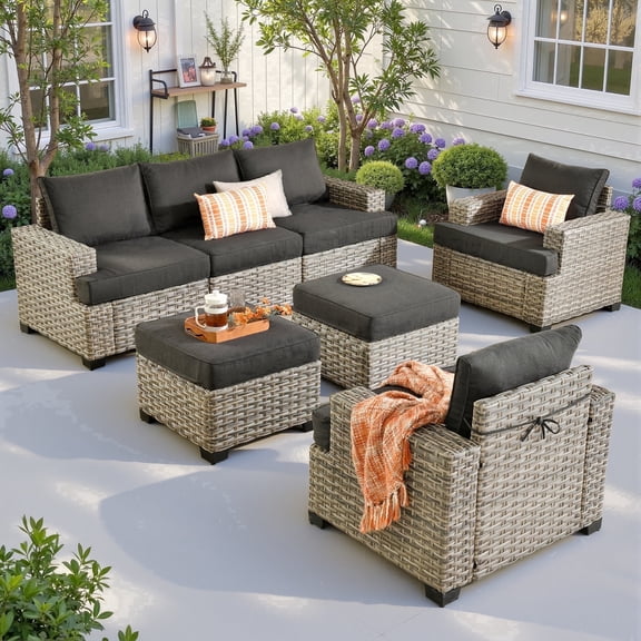 Ovios 7 Pieces Outdoor Patio Furniture Set All-Weather Rattan Wicker Sectional Sofa and Chairs with Ottomans, Black