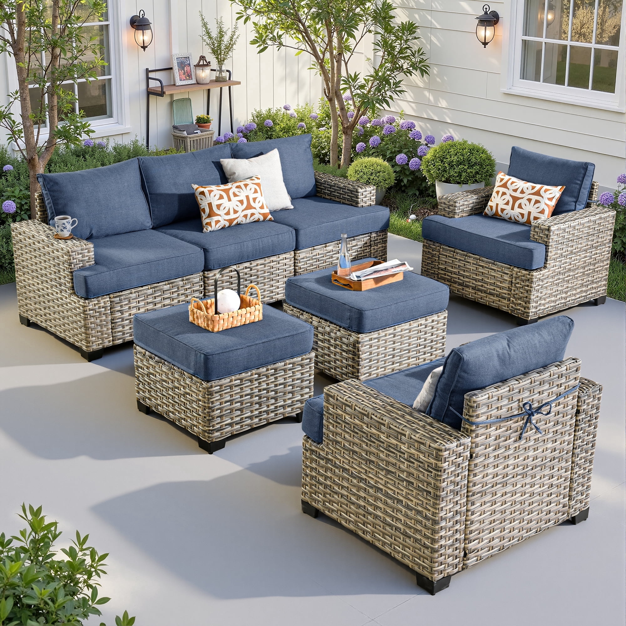 Ovios 7 Pieces Outdoor Patio Furniture Set All-Weather Rattan Wicker Sectional Sofa and Chairs with Ottomans, Denim Blue