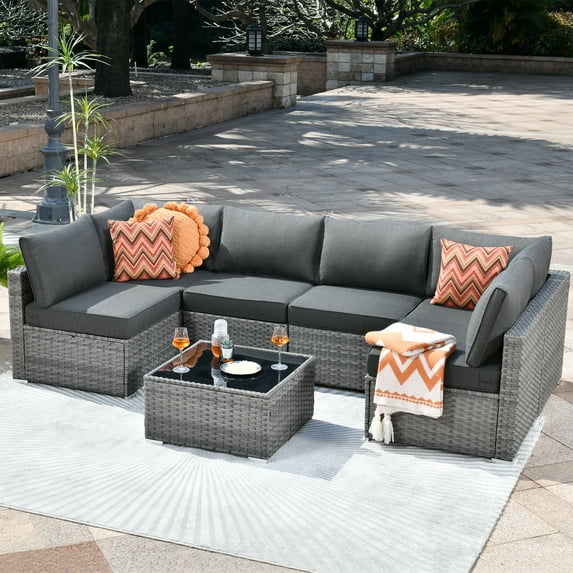 Ovios 7 Pieces Patio Conversation Set All Weather Wicker Sofa with Coffee Table,Black