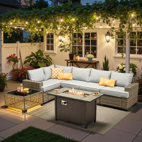Ovios 7 Pieces Patio Furniture Conversation Set, Wicker Rattan Outdoor Sectional Sofa with Fire Pit Table and Smart Lighted Table, Gray