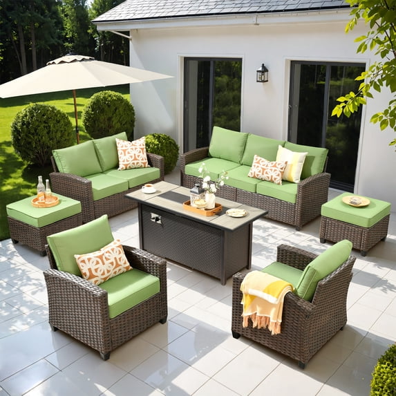 Ovios 7 Pieces Patio Furniture Set All-Weather Outdoor Sectional Patio Sofa Wicker Rattan Conversation Set with 54" Gas Propane Fire Pit Table for Backyard