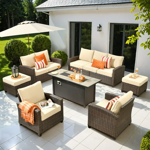 Ovios 7 Pieces Patio Furniture Set All-Weather Outdoor Sectional Patio Sofa Wicker Rattan Conversation Set with 54" Gas Propane Fire Pit Table for Backyard