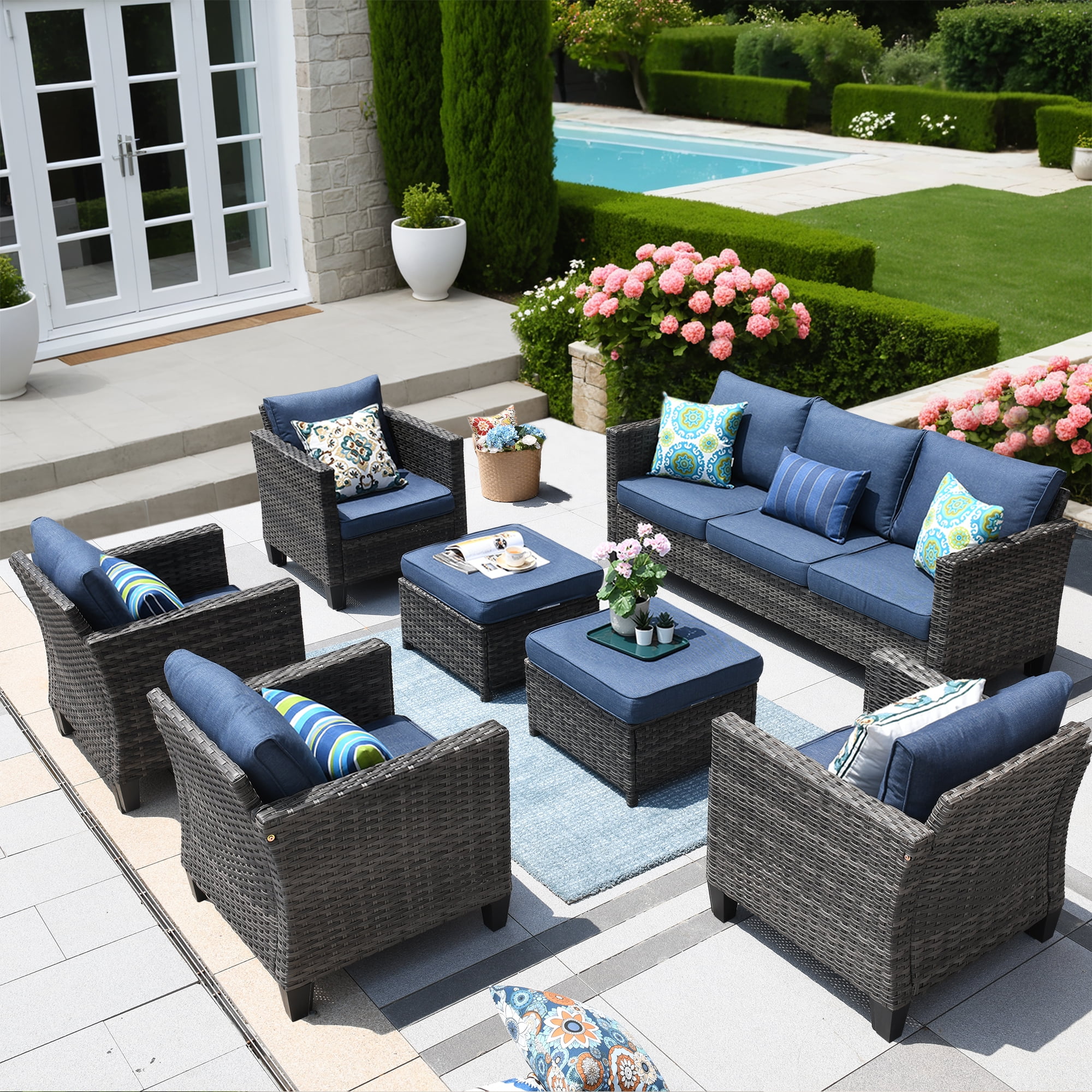 Ovios 7 Pieces Patio Furniture Set All-Weather Wicker Rattan Conversation Set Outdoor Sectional with Cushions for Backyard, Denim Blue - Shop  Black Friday Deals for 2024!