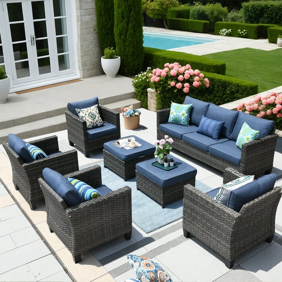 Ovios 7 Pieces Patio Furniture Set All-Weather Wicker Rattan Conversation Set Outdoor Sectional with Cushions for Backyard, Denim Blue