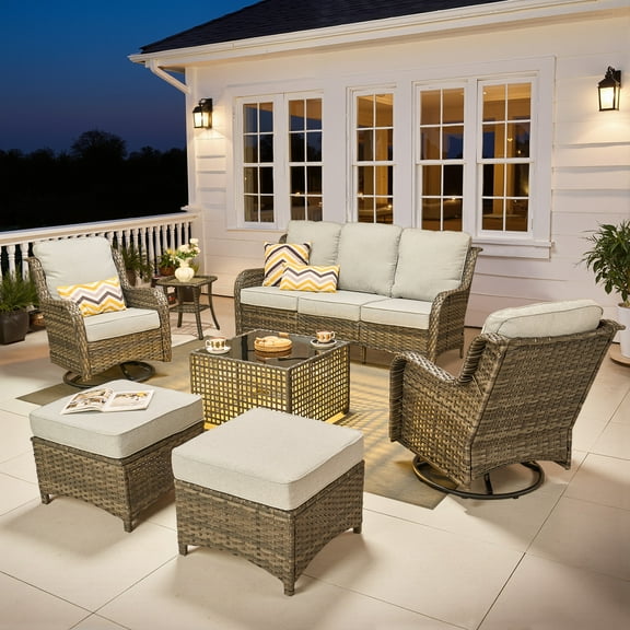 Ovios 7 Pieces Patio Furniture Set High Back All-Weather Wicker Sectional Outdoor Conversation Set with Swivel Chairs & Solar-Powered Coffee Table for Deck, Backyard, or Garden, Denim blue