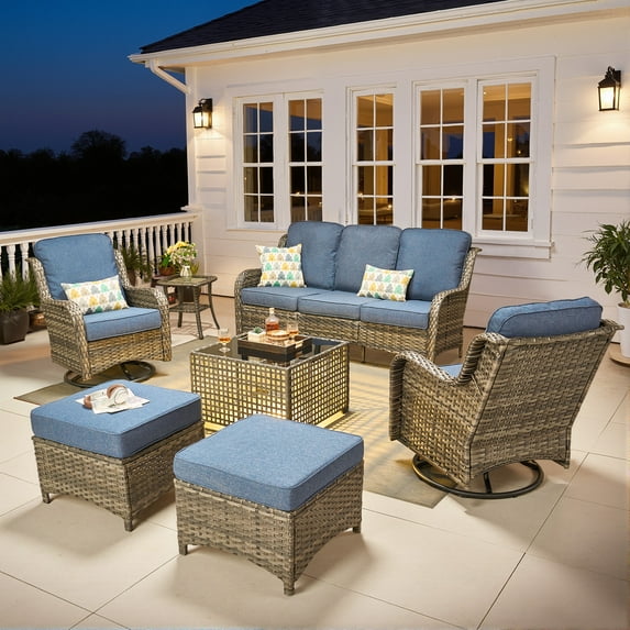 Ovios 7 Pieces Patio Furniture Set High Back All-Weather Wicker Sectional Outdoor Conversation Set with Swivel Chairs & Solar-Powered Coffee Table for Deck, Backyard, or Garden, Denim blue