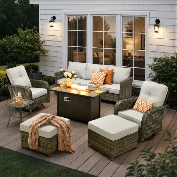 Ovios 7 Pieces Patio Furniture Set Outdoor Conversation All-Weather Rattan Sectional Sofa with Fire Pit Table & Swivel Chairs