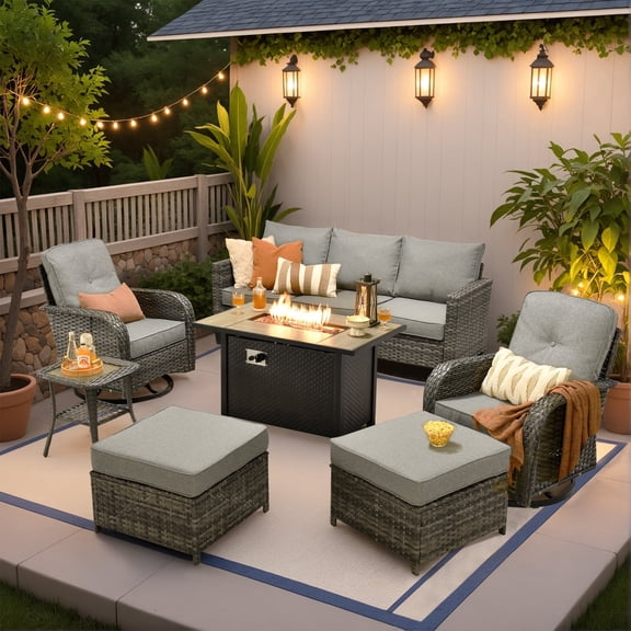 Ovios 7 Pieces Patio Furniture Set Outdoor Conversation All-Weather Rattan Sectional Sofa with Fire Pit Table & Swivel Chairs