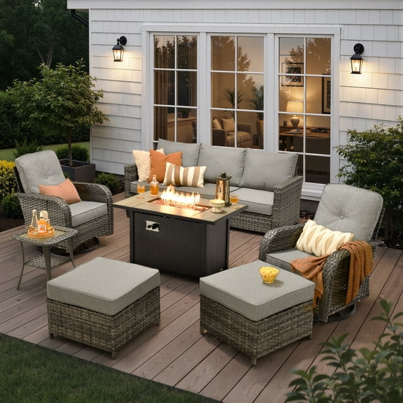 Ovios 7 Pieces Patio Furniture Set Outdoor Conversation All-Weather Rattan Sectional Sofa with Fire Pit Table & Swivel Chairs