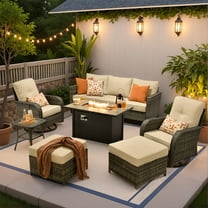 Ovios 7 Pieces Patio Furniture Set Outdoor Conversation All-Weather Rattan Sectional Sofa with Fire Pit Table & Swivel Chairs