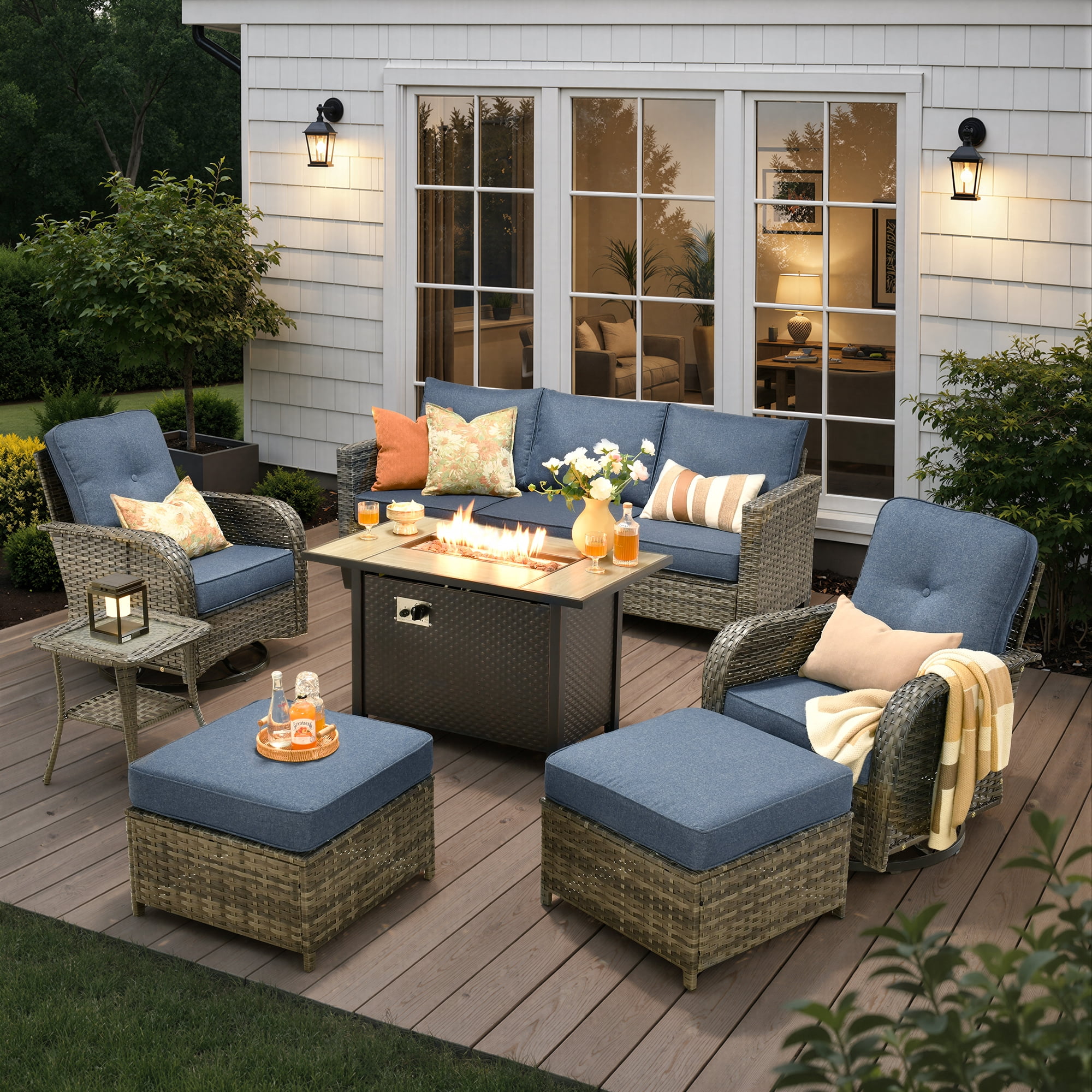 Ovios 7 Pieces Patio Furniture Set Outdoor Conversation All-Weather Rattan Sectional Sofa with Fire Pit Table & Swivel Chairs