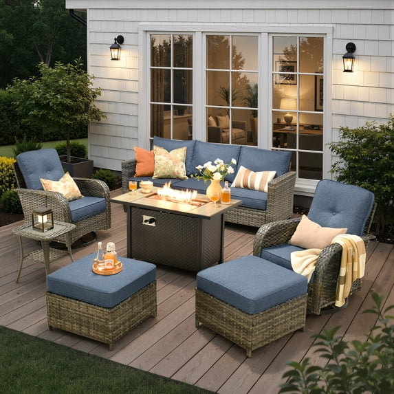 Ovios 7 Pieces Patio Furniture Set Outdoor Conversation All-Weather Rattan Sectional Sofa with Fire Pit Table & Swivel Chairs