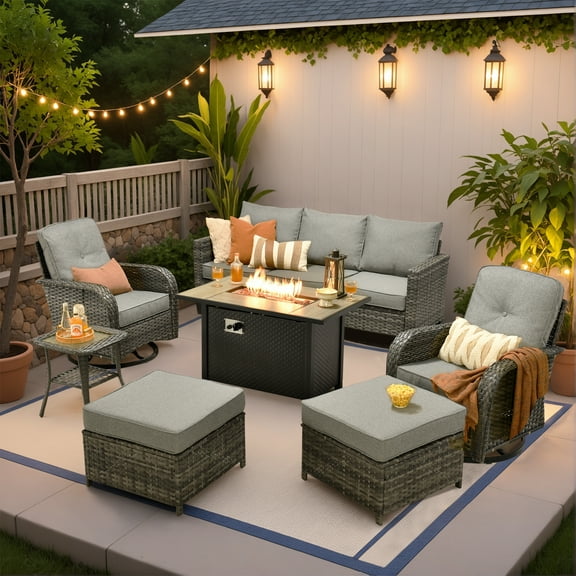 Ovios 7 Pieces Patio Furniture Set Outdoor Conversation All-Weather Rattan Sectional Sofa with Fire Pit Table & Swivel Chairs