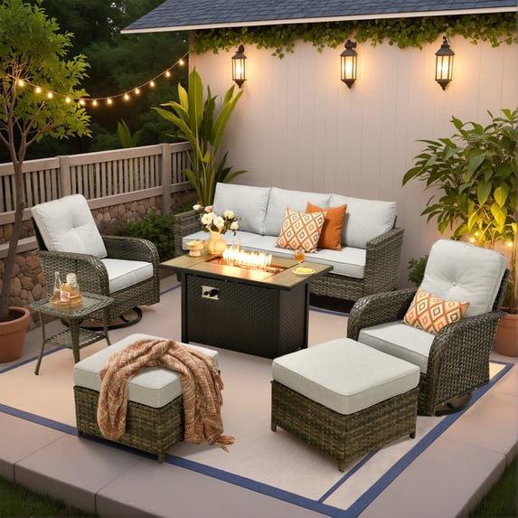 Ovios 7 Pieces Patio Furniture Set Outdoor Conversation All-Weather Rattan Sectional Sofa with Fire Pit Table & Swivel Chairs