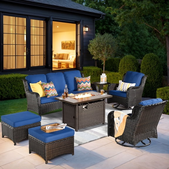 Ovios 7 Pieces Patio Furniture Set with Fire Pit Table Wicker Outdoor Sectional Conversation Set with Swivel Chair for Backyard