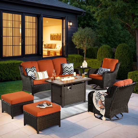 Ovios 7 Pieces Patio Furniture Set with Fire Pit Table Wicker Outdoor Sectional Conversation Set with Swivel Chair for Backyard