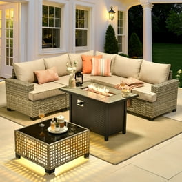 HOOOWOOO 7 Pieces Patio Outdoor Furniture Set All Weather Conversation Wicker Set Sectional Sofa with Fire Pit and Coffee Table Beige Walmart