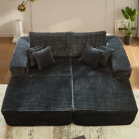 Ovios Modular Corduroy Sofa Black Sectional Couch Convertible Lounge Chaise Couch with Ottoman Modern Minimalist Upholstered Sleeper Sofa for Living Room