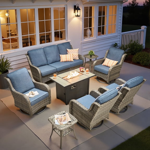Ovios 8 Piece Outdoor Patio Furniture Set All-Weather Wicker Rattan Conversation Set with High Back Swivel Chairs & Propane Fire Pit Table, Denim Blue