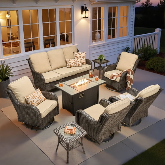 Ovios 8 Piece Outdoor Patio Furniture Set All-Weather Wicker Rattan Conversation Set with High Back Swivel Chairs & Propane Fire Pit Table, Beige