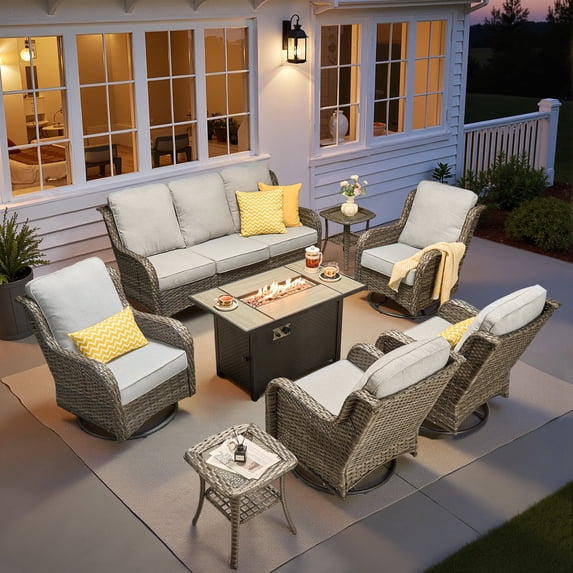Ovios 8 Piece Outdoor Patio Furniture Set All-Weather Wicker Rattan Conversation Set with High Back Swivel Chairs & Propane Fire Pit Table, Gray