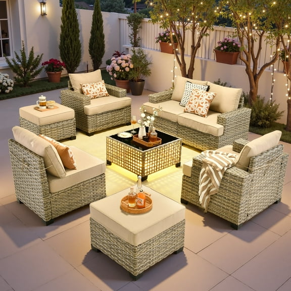Ovios 8-Piece Outdoor Patio Furniture Set with Solar-Powered Lighted Coffee Table All-Weather Wicker Conversation Seating with Ottomans, Beige