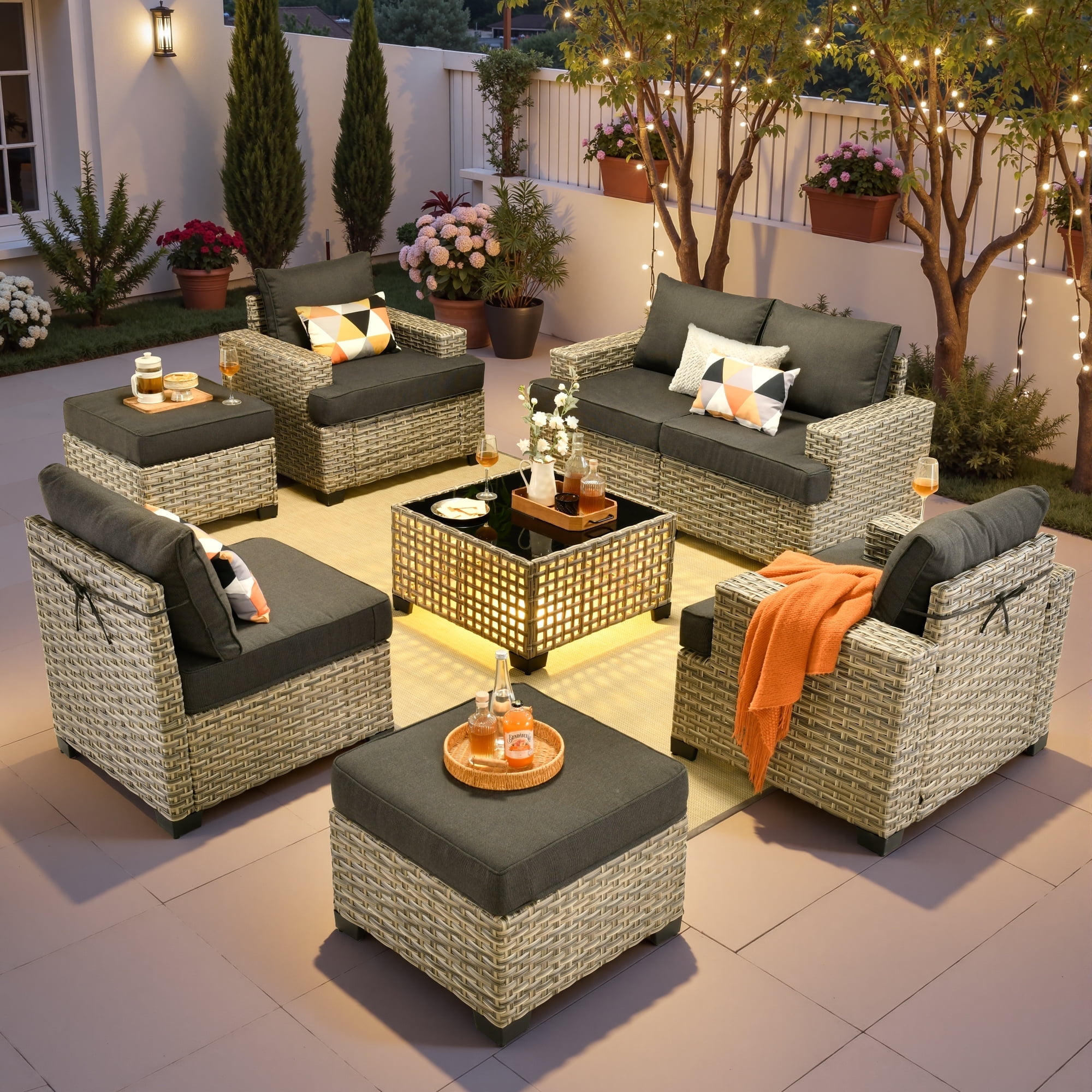 Ovios 8-Piece Outdoor Patio Furniture Set with Solar-Powered Lighted Coffee Table All-Weather Wicker Conversation Seating with Ottomans, Black