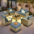 thumbnail image 1 of Ovios 8-Piece Outdoor Patio Furniture Set with Solar-Powered Lighted Coffee Table All-Weather Wicker Conversation Seating with Ottomans, Denim Blue, 1 of 10
