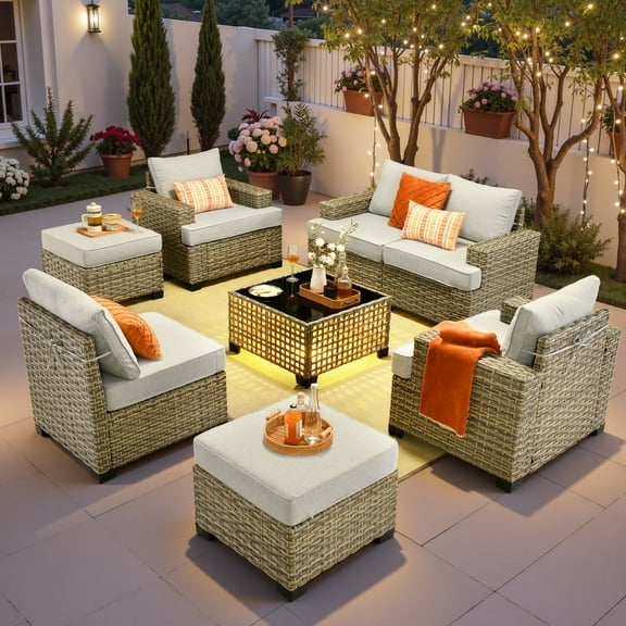 Ovios 8-Piece Outdoor Patio Furniture Set with Solar-Powered Lighted Coffee Table All-Weather Wicker Conversation Seating with Ottomans, Gray
