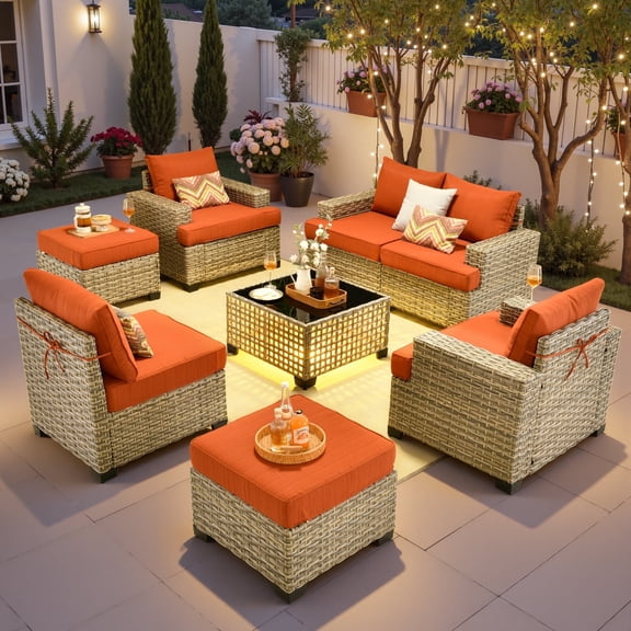 Ovios 8-Piece Outdoor Patio Furniture Set with Solar-Powered Lighted Coffee Table All-Weather Wicker Conversation Seating with Ottomans, Orange Red