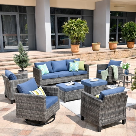 Ovios 8-Piece PE wicker Outdoor Conversation Sets with Back Cushion, Blue