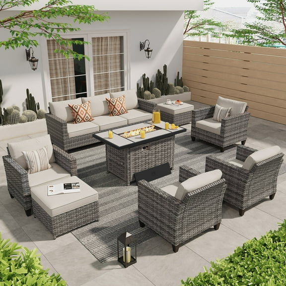 Ovios 8 Pieces Outdoor Patio Furniture Set with 42" Rattan Propane Fire Pit Table Wicker Outdoor Conversation Set with Gas Fire Pit & Ceramic Tabletop for Backyard