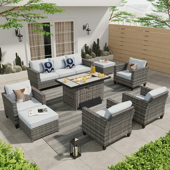 Ovios 8 Pieces Outdoor Patio Furniture Set with 42" Rattan Propane Fire Pit Table Wicker Outdoor Conversation Set with Gas Fire Pit & Ceramic Tabletop for Backyard