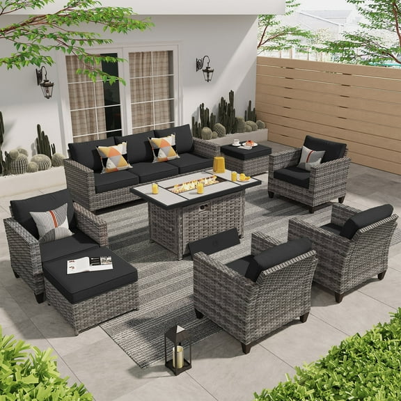 Ovios 8 Pieces Outdoor Patio Furniture Set with 42" Rattan Propane Fire Pit Table Wicker Outdoor Conversation Set with Gas Fire Pit & Ceramic Tabletop for Backyard