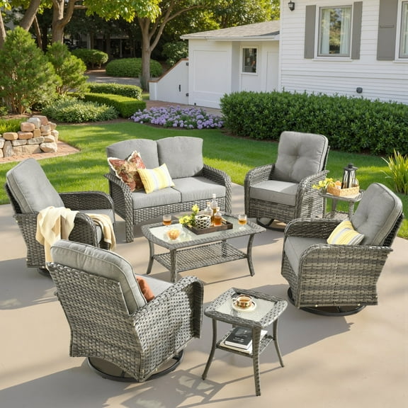 Ovios 8 Pieces Outdoor Patio Furniture Set High Back All Weather Wicker Conversation Set with Swivel Chairs & Coffee Table, Dark Gray