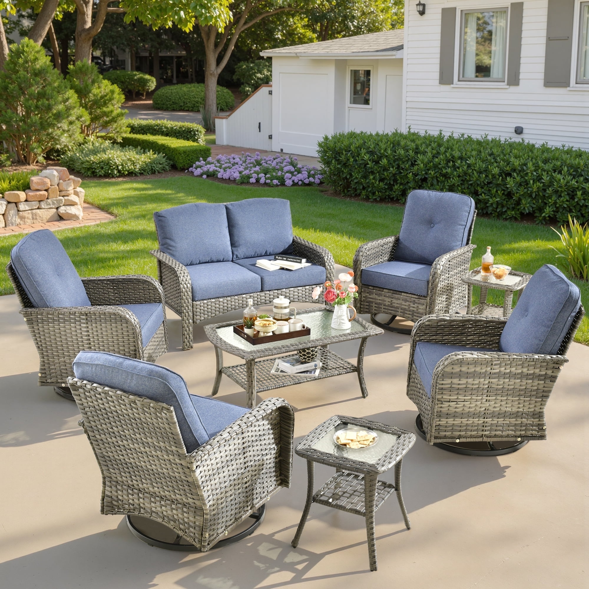 Ovios 8 Pieces Outdoor Patio Furniture Set High Back All Weather Wicker Conversation Set with Swivel Chairs & Coffee Table, Denim Blue