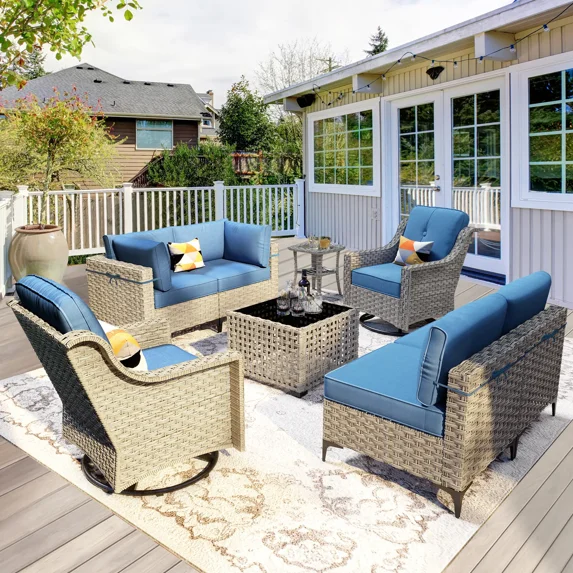 Ovios 8 Pieces Outdoor Patio Furniture Swivel Set with Rocking Chair All-Weather Wicker Conversation Sectional with Solar Lamps Coffee Table for Balcony