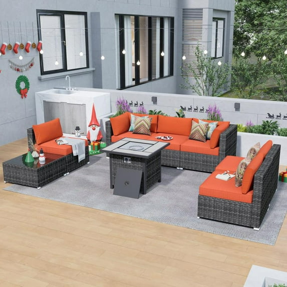 Ovios 8 Pieces Outdoor Patio Furniture with 30 inch Fire Pit Table All Weather Wicker Conversation Set for Porch